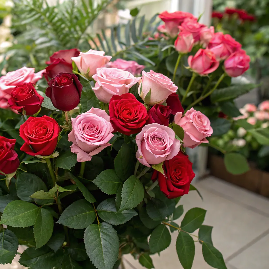 A vibrant assortment of red and pink roses with lush greenery